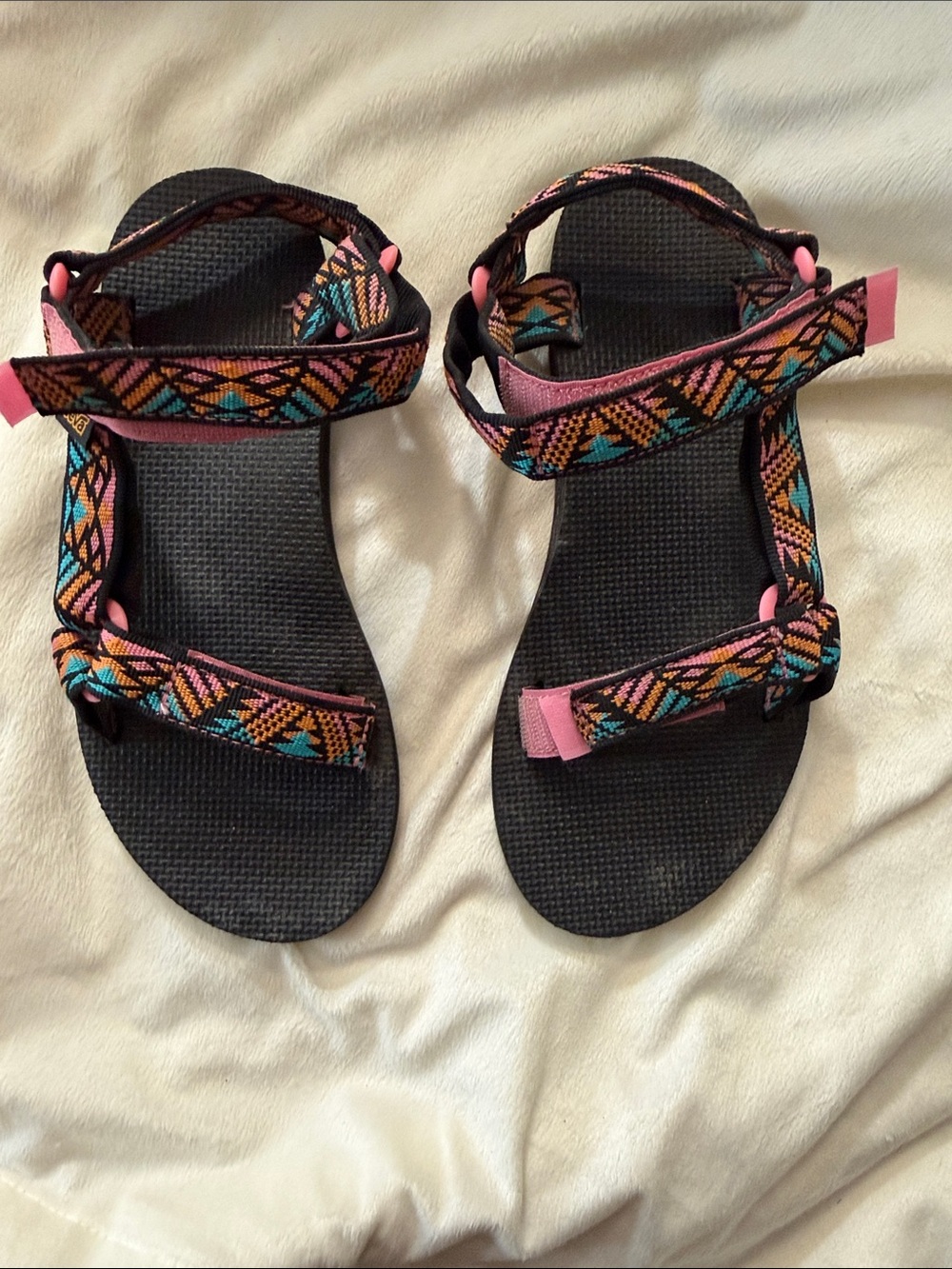 Teva Women's Black Sandals with Pink & Teal Geometric Straps